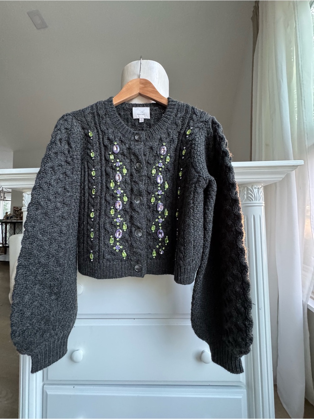 Cinq à Sept Embellished Cable Knit Cropped Cardigan Size S